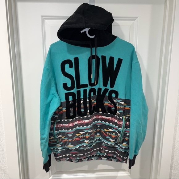Slowbucks Men's drawstring Hoodie Multicolor Size 2XL Aztec Giant Logo pullover - Picture 1 of 6